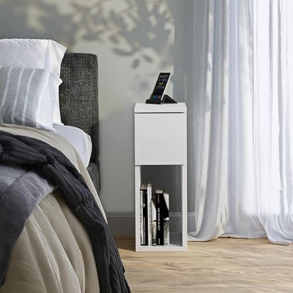 Jolof Store Narrow Bedside Table – Slim White End Table with Drawer