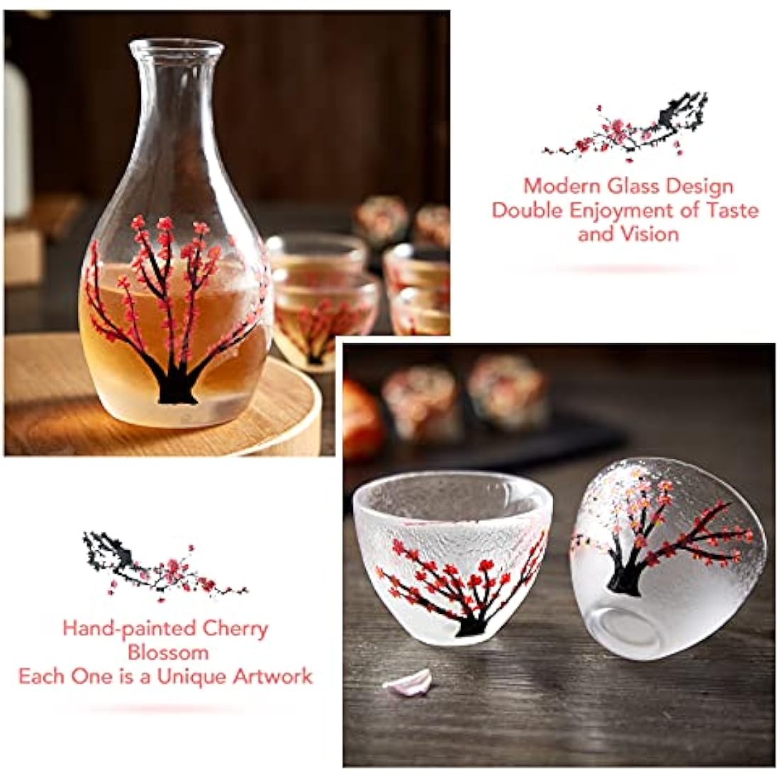 DUJUST Japanese Sake Set for 4 | Hand-Painted Pink Cherry Blossom Glass