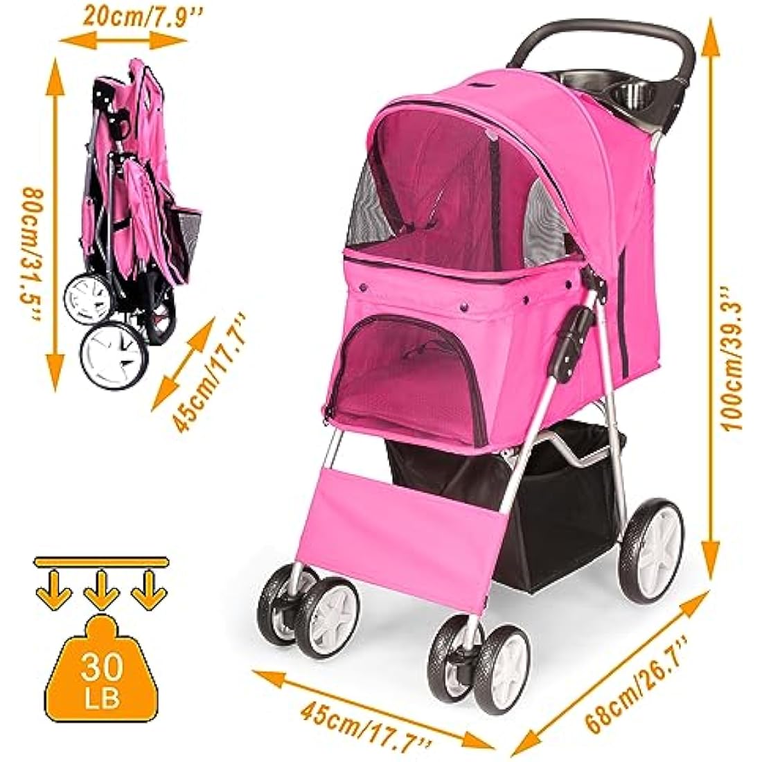 Display4top 4-Wheel Pet Stroller - Foldable Dog & Cat Travel Pram, Pink