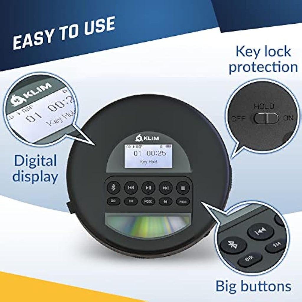 KLIM Nomad Portable CD Player | Bluetooth Rechargeable Discman – Black