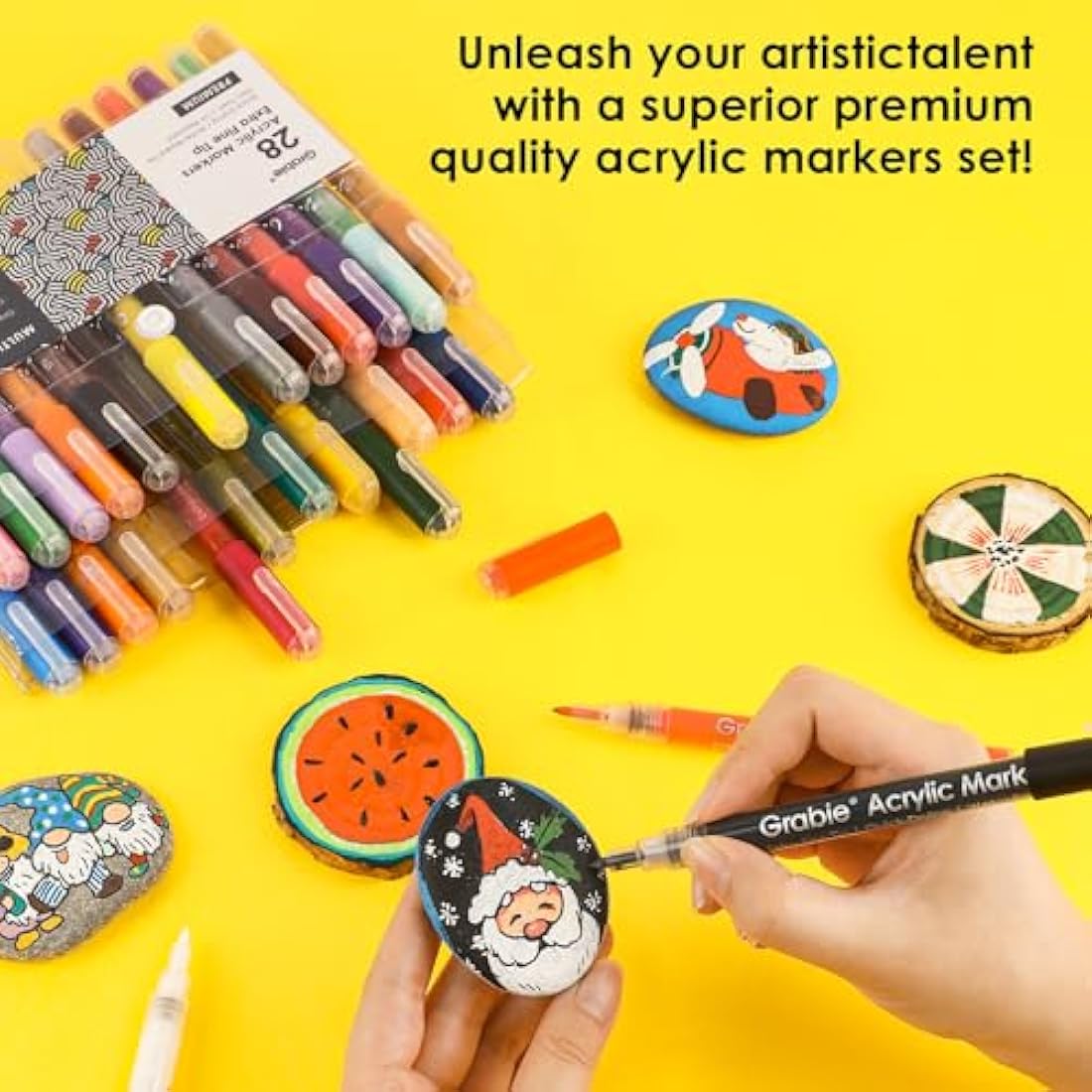 Grabie Acrylic Paint Pens | 28 Colors Extra Fine Tip Markers for Rock Painting