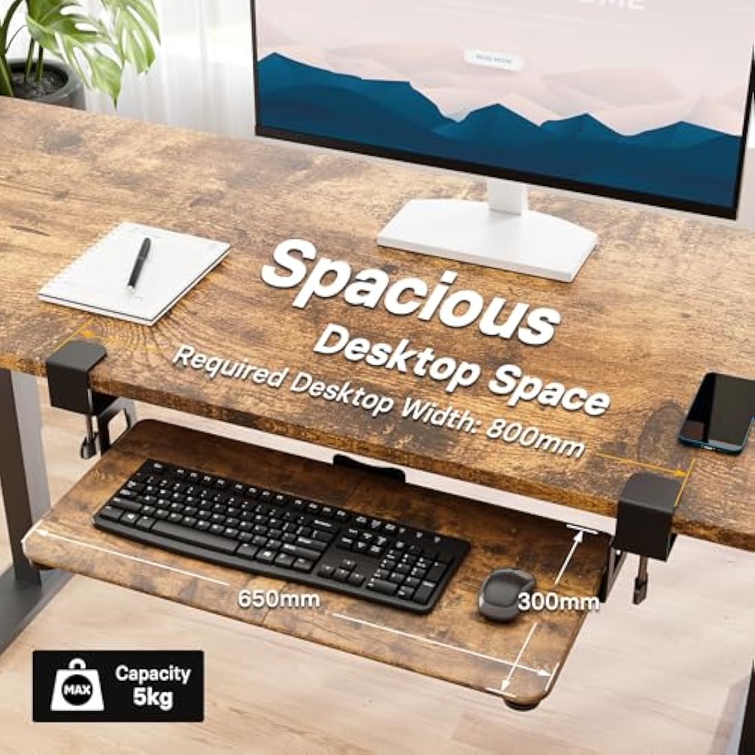 BONTEC Under Desk Keyboard Tray – Ergonomic C-Clamp Slider, Rustic Brown