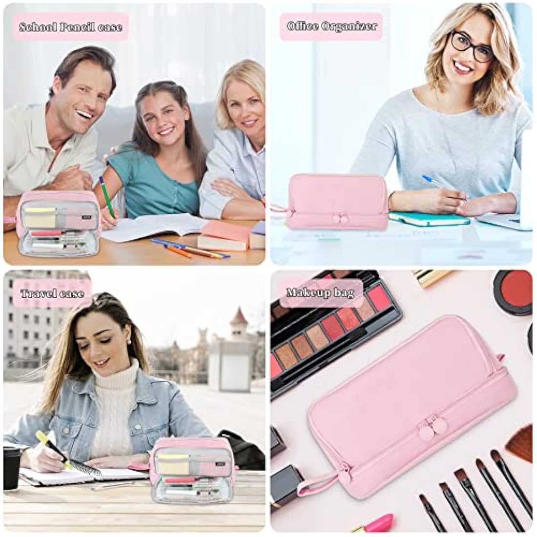 Tesmien Large Pencil Case | 4-Compartment Canvas Stationery Bag - Pink