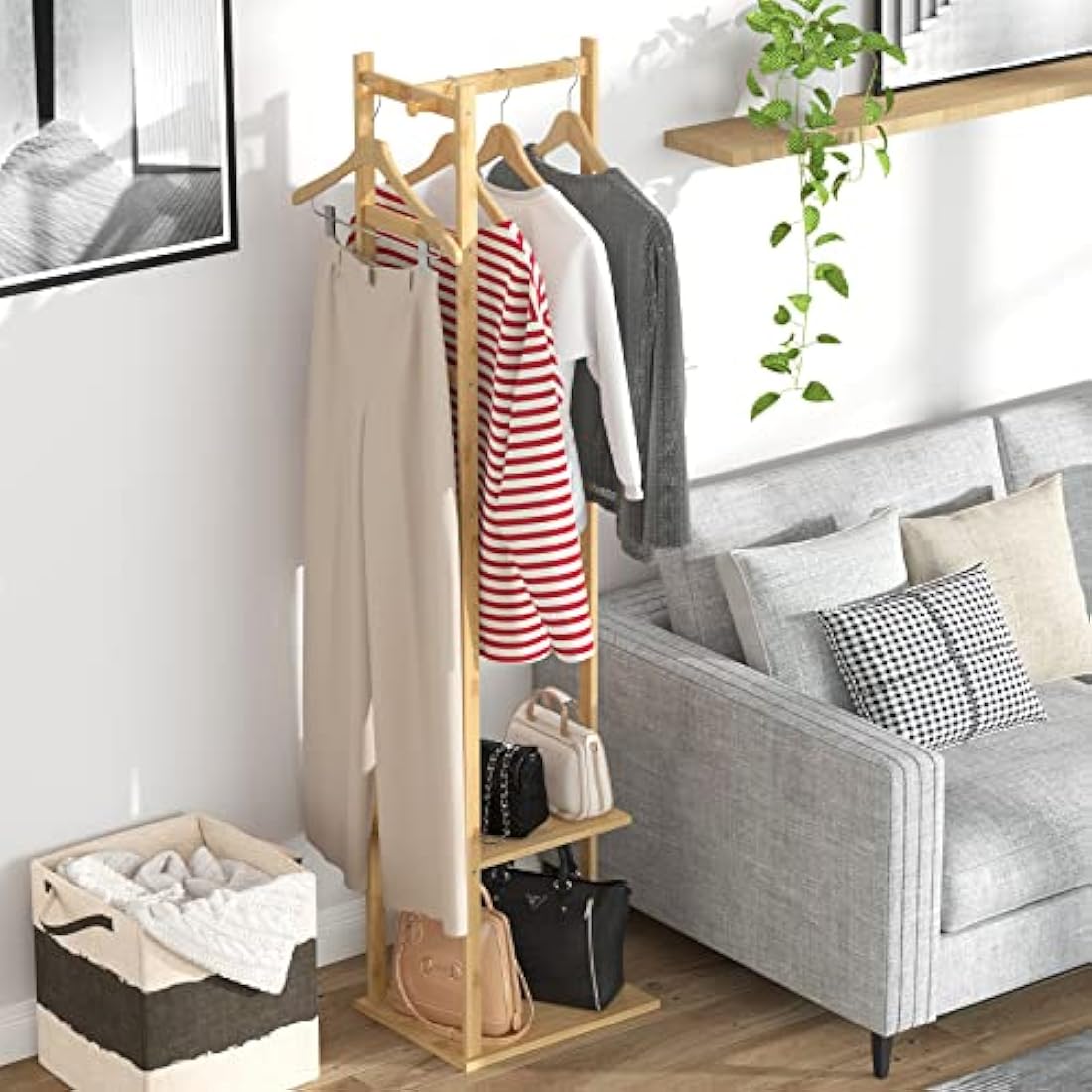 unho Bamboo Corner Coat Rack – Free Standing Hall Tree with 2 Shelves