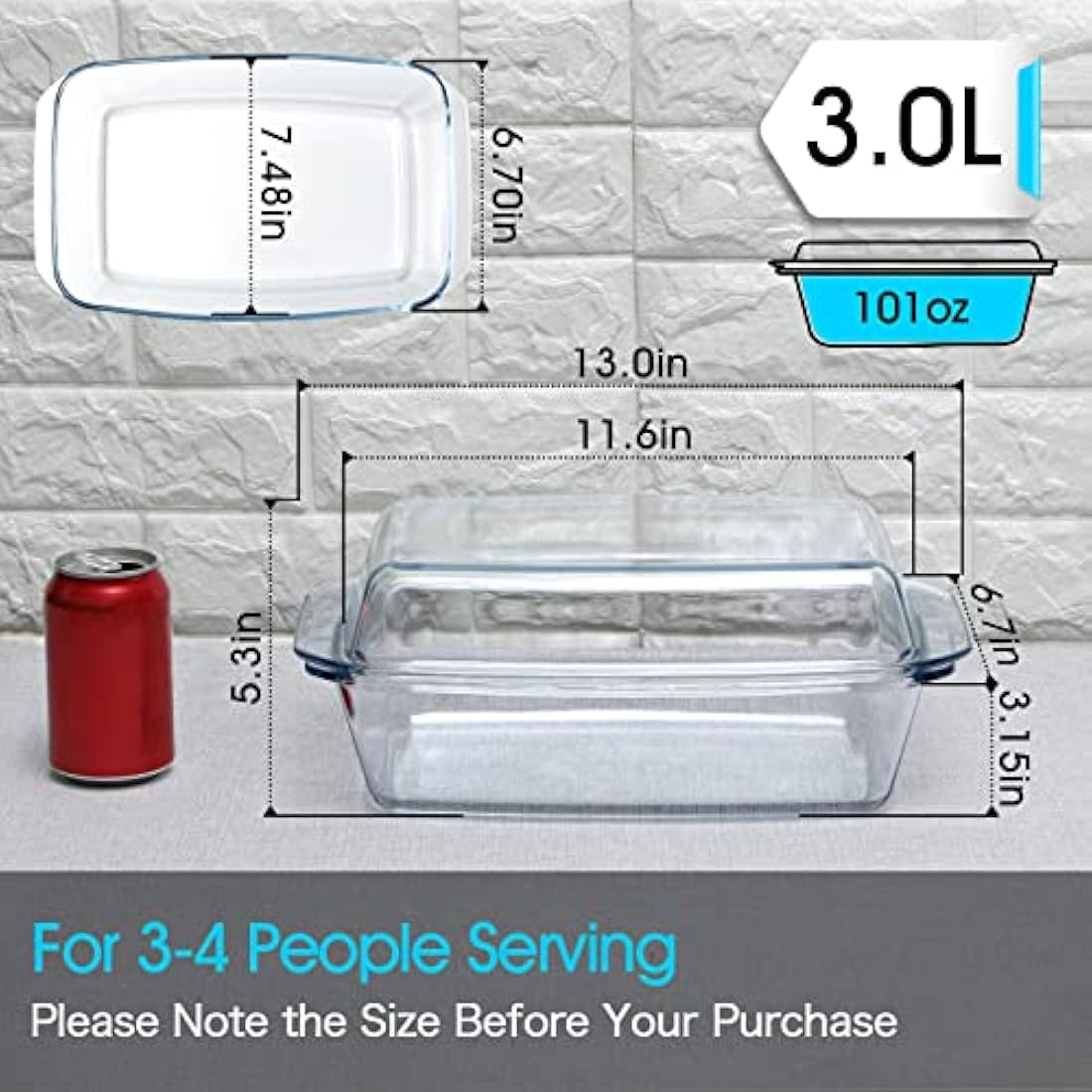 NUTRIUPS 3L Glass Casserole Dish with Lid – Rectangular Oven Bakeware