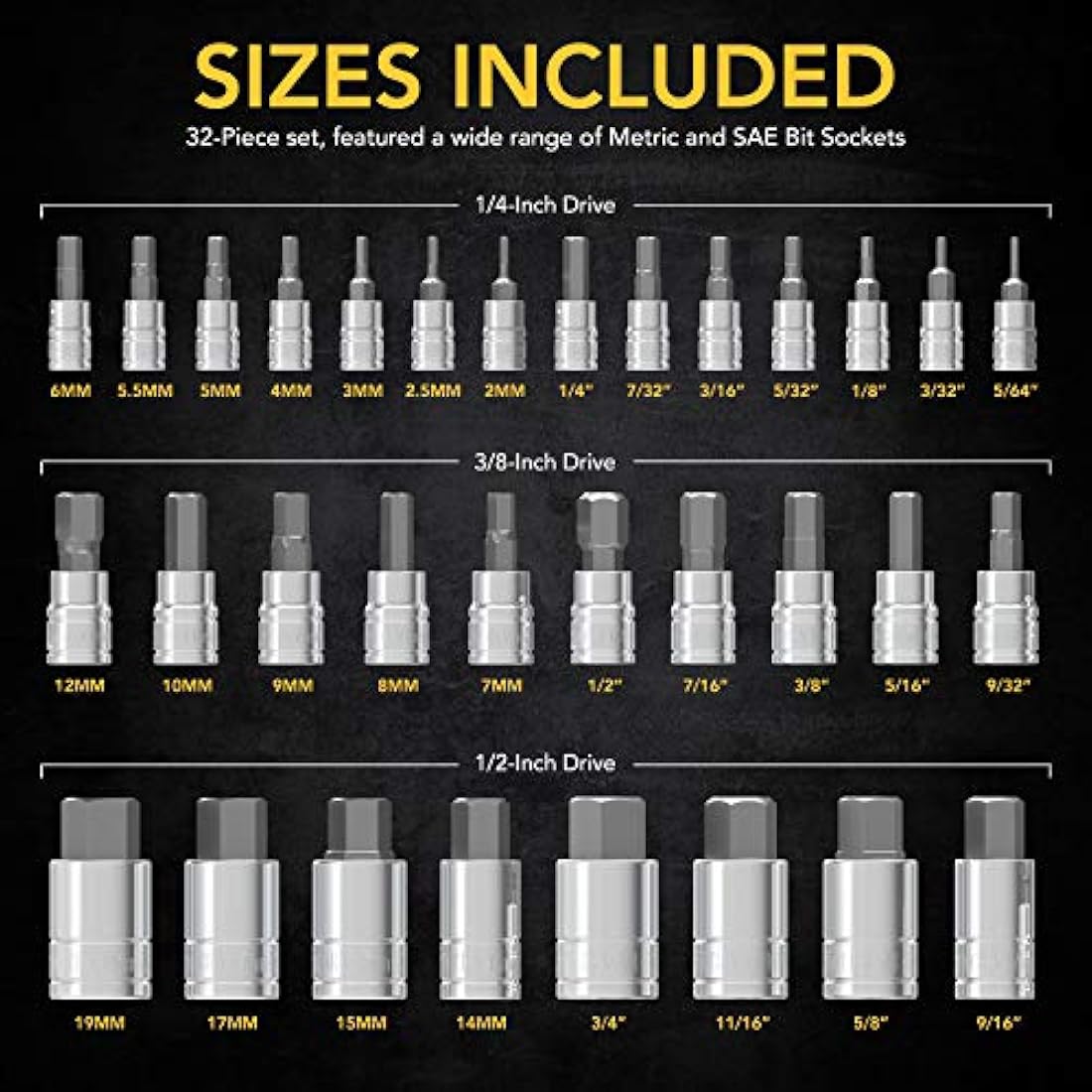 LEXIVON 32-Piece Master Hex Bit Socket Set | SAE & Metric S2 Alloy Steel