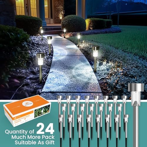 GIGALUMI Solar Garden Lights | 24 Pack Stainless Steel Pathway Lights