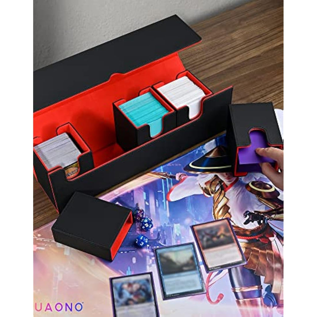 UAONO 5-in-1 Card Deck Storage Box with Dice Tray for MTG TCG - Black & Red