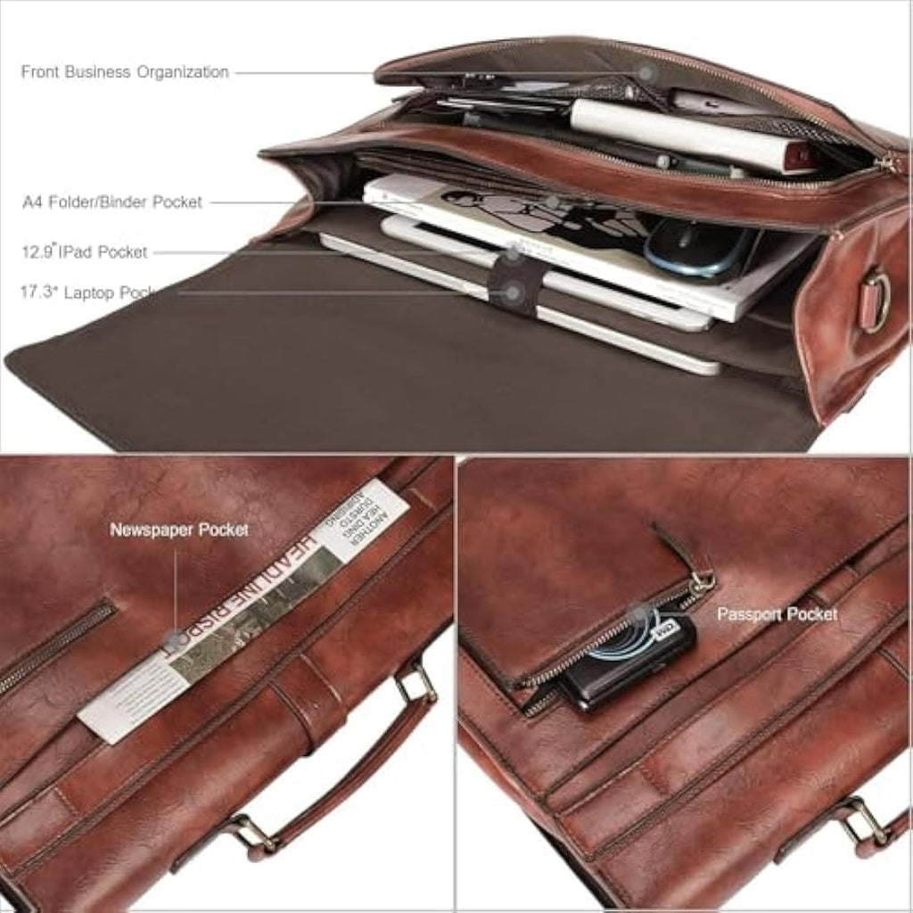 Estarer 17.3 Inch Leather Laptop Bag | Large Mens Business Briefcase – Brown