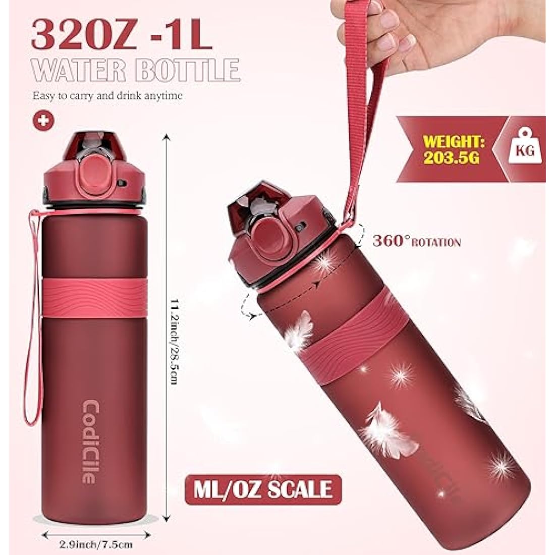 CodiCile 1L Sports Water Bottle – BPA Free Leak Proof Gym Bottle, Red