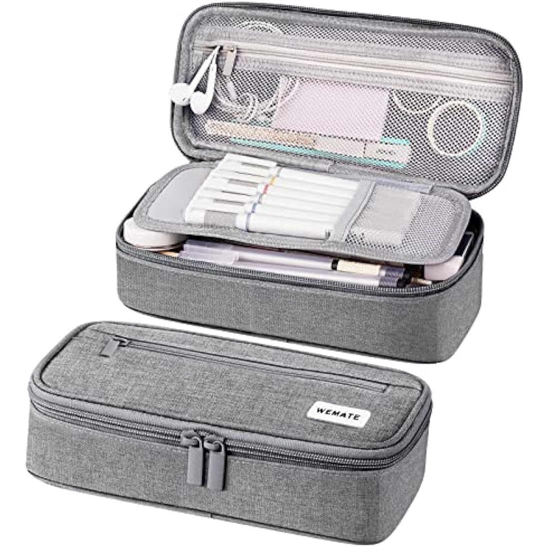 WEMATE Large Canvas Pencil Case | 5-Compartment High Capacity Pouch - Grey