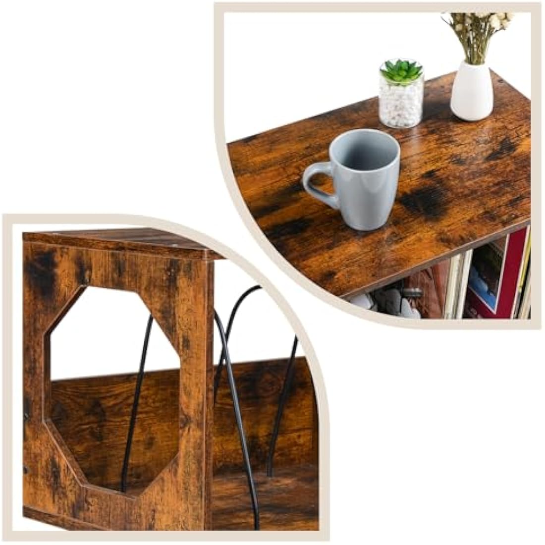ikkle Rustic Record Player Stand – Wood Vinyl Storage Cabinet with Metal Legs