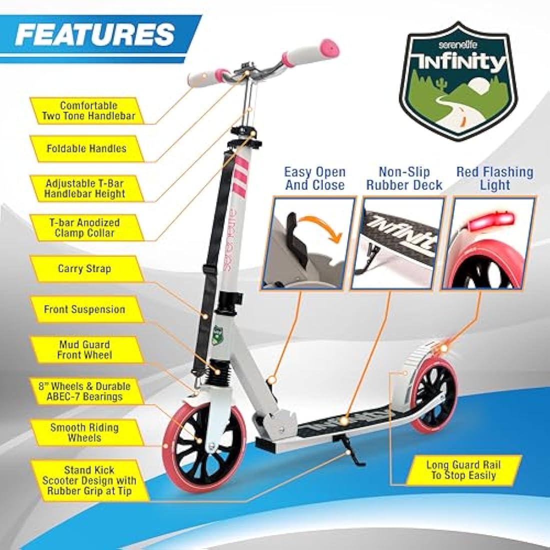 SereneLife Folding Kick Scooter – Adjustable LED Big Wheels for Kids & Teens