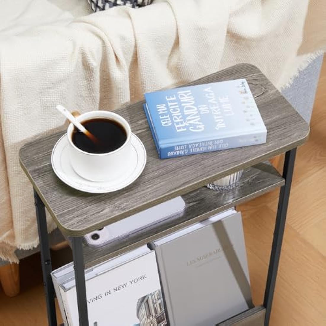 YEAKOO Narrow Side Table – Skinny Nightstand with Magazine Rack, Grey