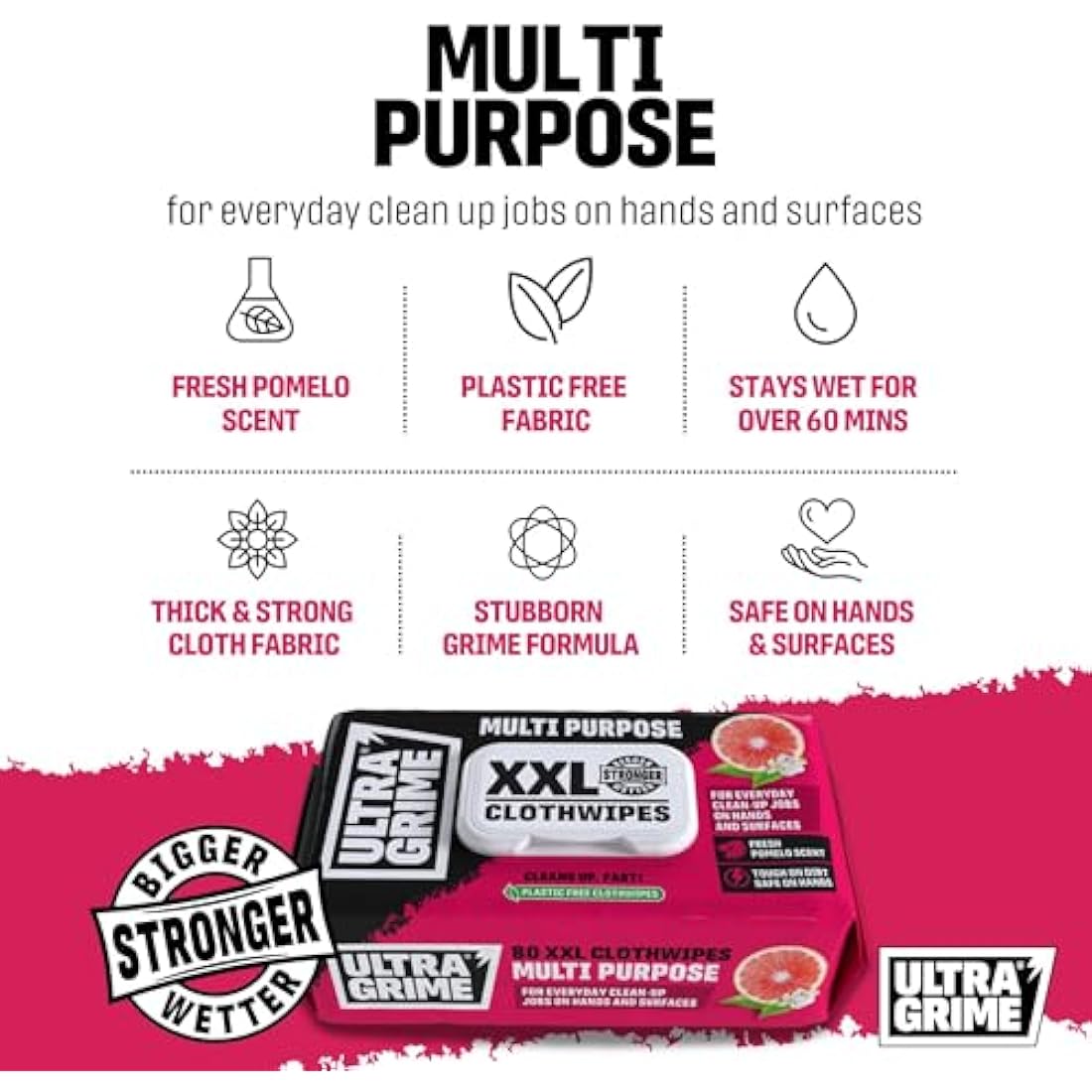 UltraGrime XXL Biodegradable Multi-Purpose Wipes | Pomelo Scent – 80pk