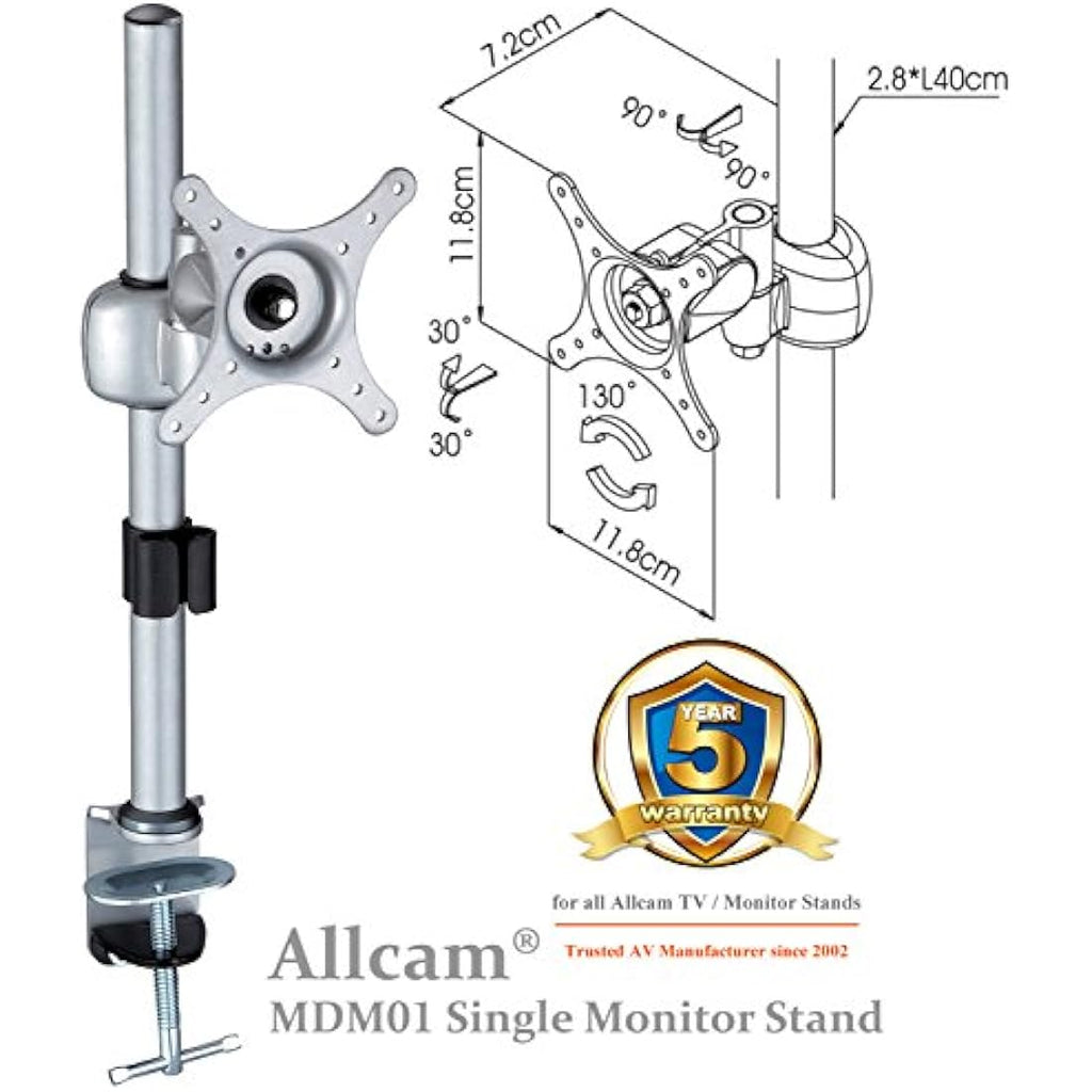 Allcam MDM01 Single Monitor Arm Stand | 17-27" VESA Desk Mount – Silver