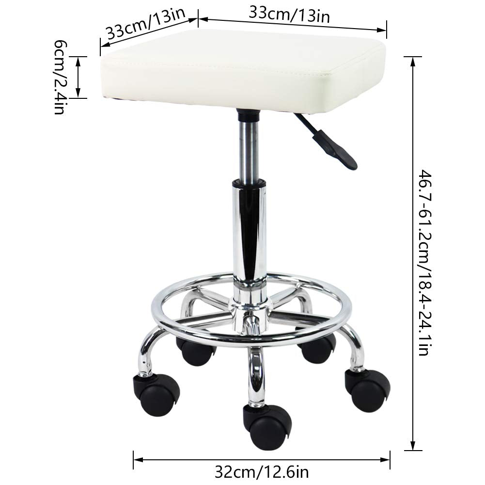 KKTONER Square Rolling Stool with Foot Rest PU Leather Height Adjustable Spa Drafting Salon Tattoo Work Swivel Stools Task Chair Small White - image 2