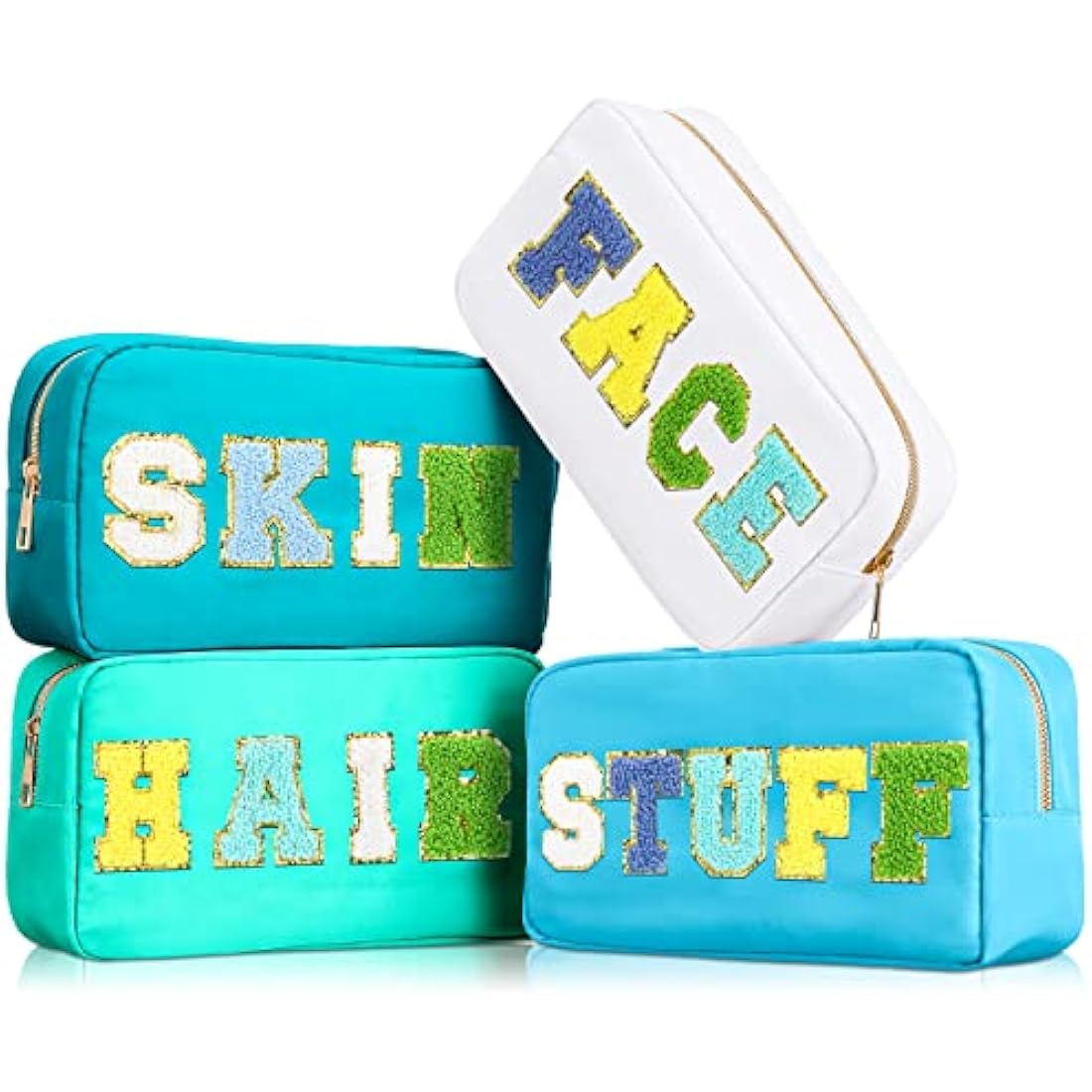 Jolof Store 4-Piece Preppy Nylon Makeup Bag Set with Chenille Letter Patches