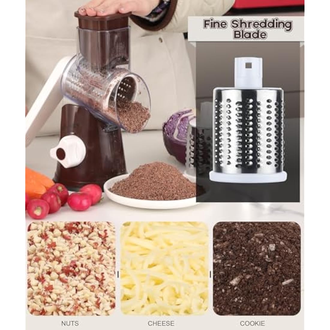 Ourokhome Rotary Cheese Grater | 3-Blade Manual Mandoline Slicer - Coffee