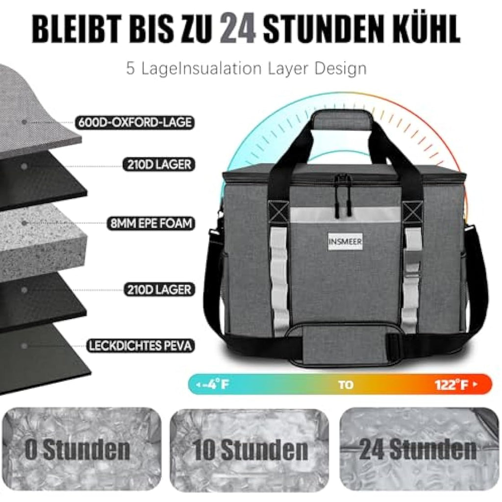 INSMEER 48L Large Insulated Cooler Bag | 65 Cans Waterproof Foldable Bag