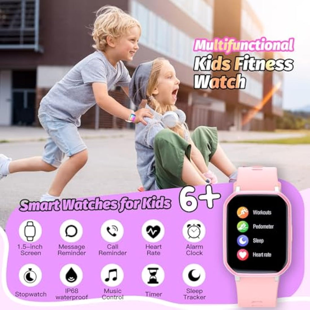 Kids Smart Watch – IP68 Waterproof Fitness Tracker, Pink