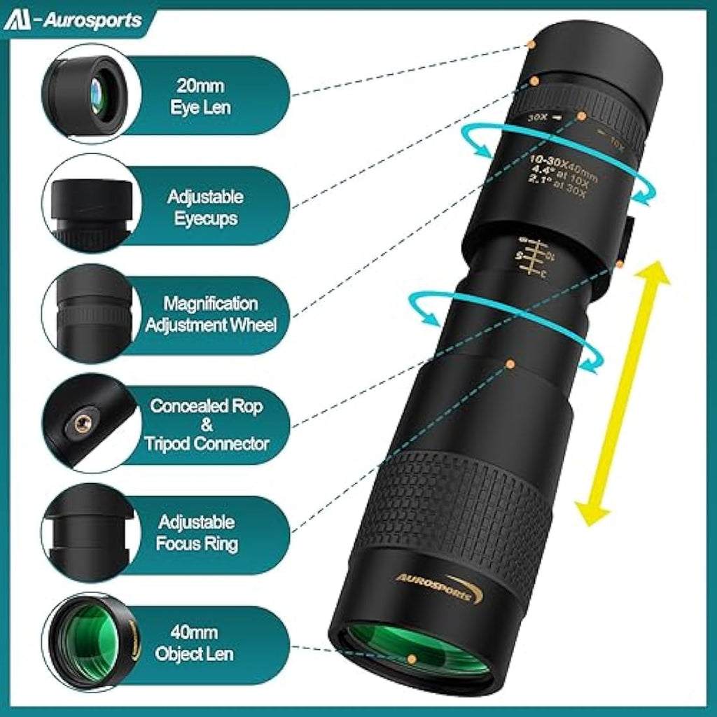 Aurosports 10-30x40 Zoom Monocular | High Power BAK4 Prism Telescope