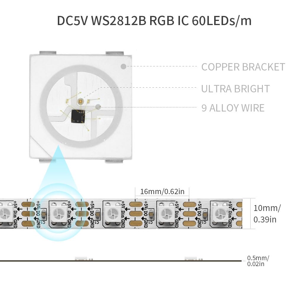 LOAMLIN WS2812B Individually Addressable RGB LED Strip | 16.4FT 60LEDs/m