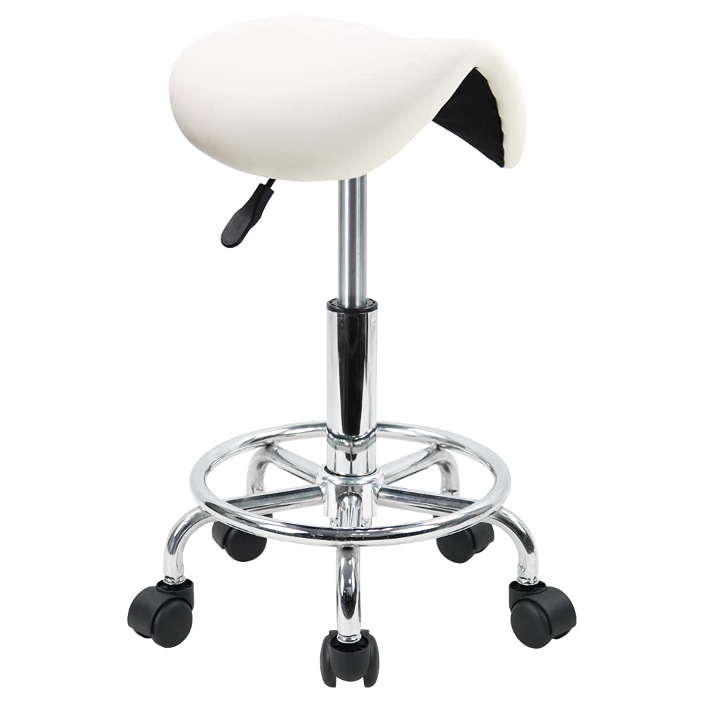 KKTONER White Saddle Stool with Footrest - Adjustable Rolling Salon Chair