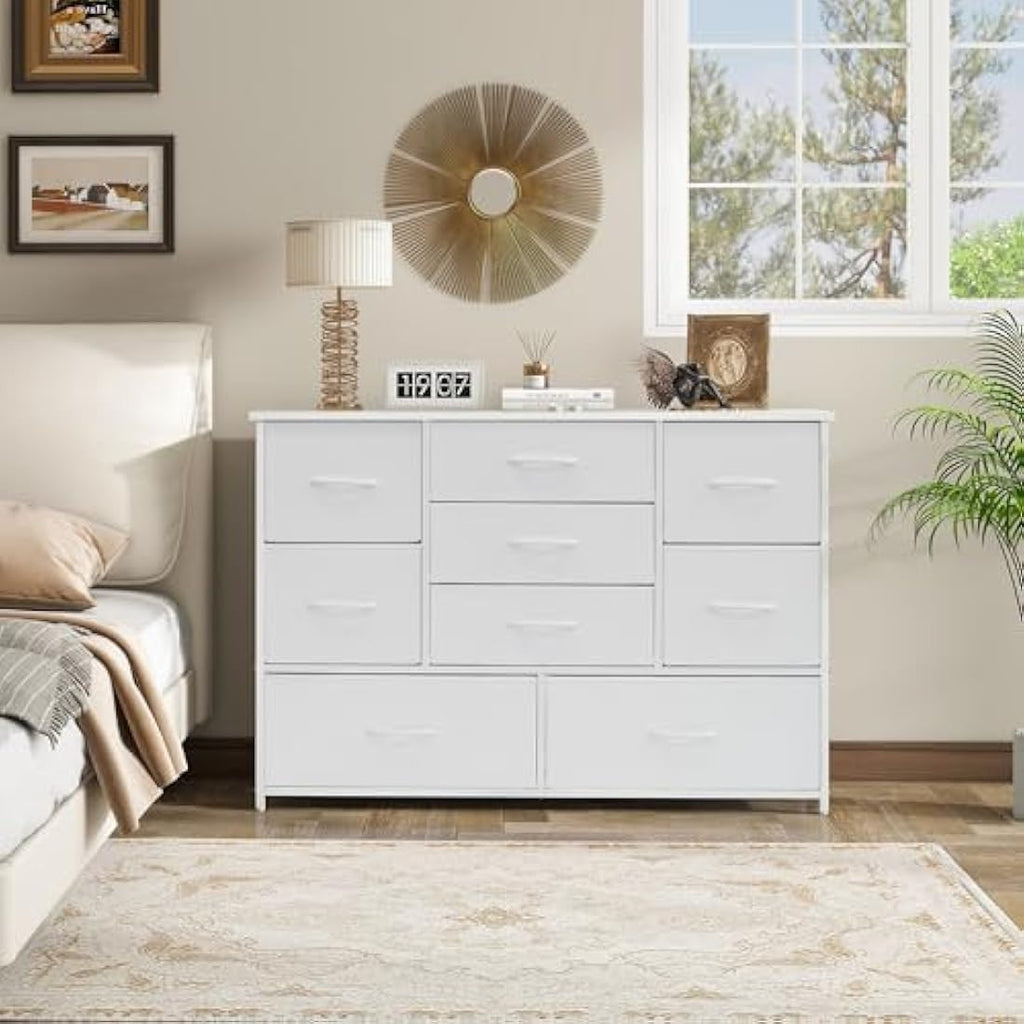 LYNCOHOME 9 Drawer Fabric Dresser – White Chest of Drawers for Bedroom