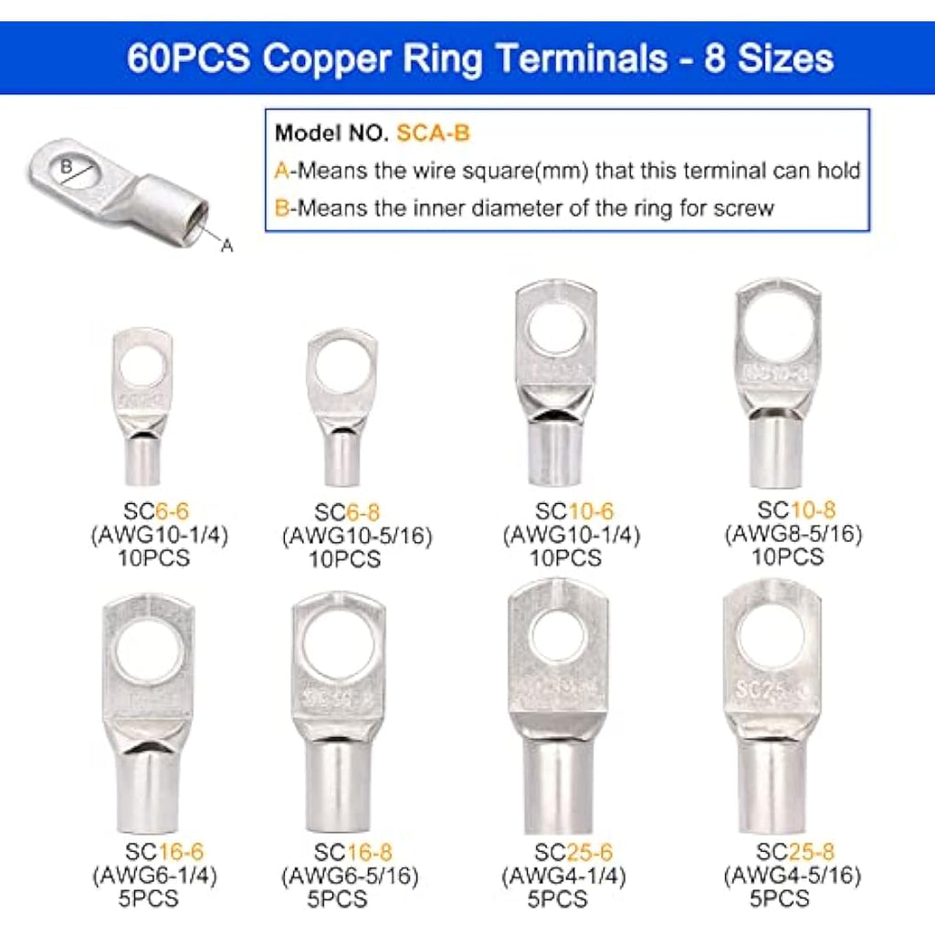 Brileine Battery Cable Crimping Tool Kit with 60PCS Copper Ring Terminals
