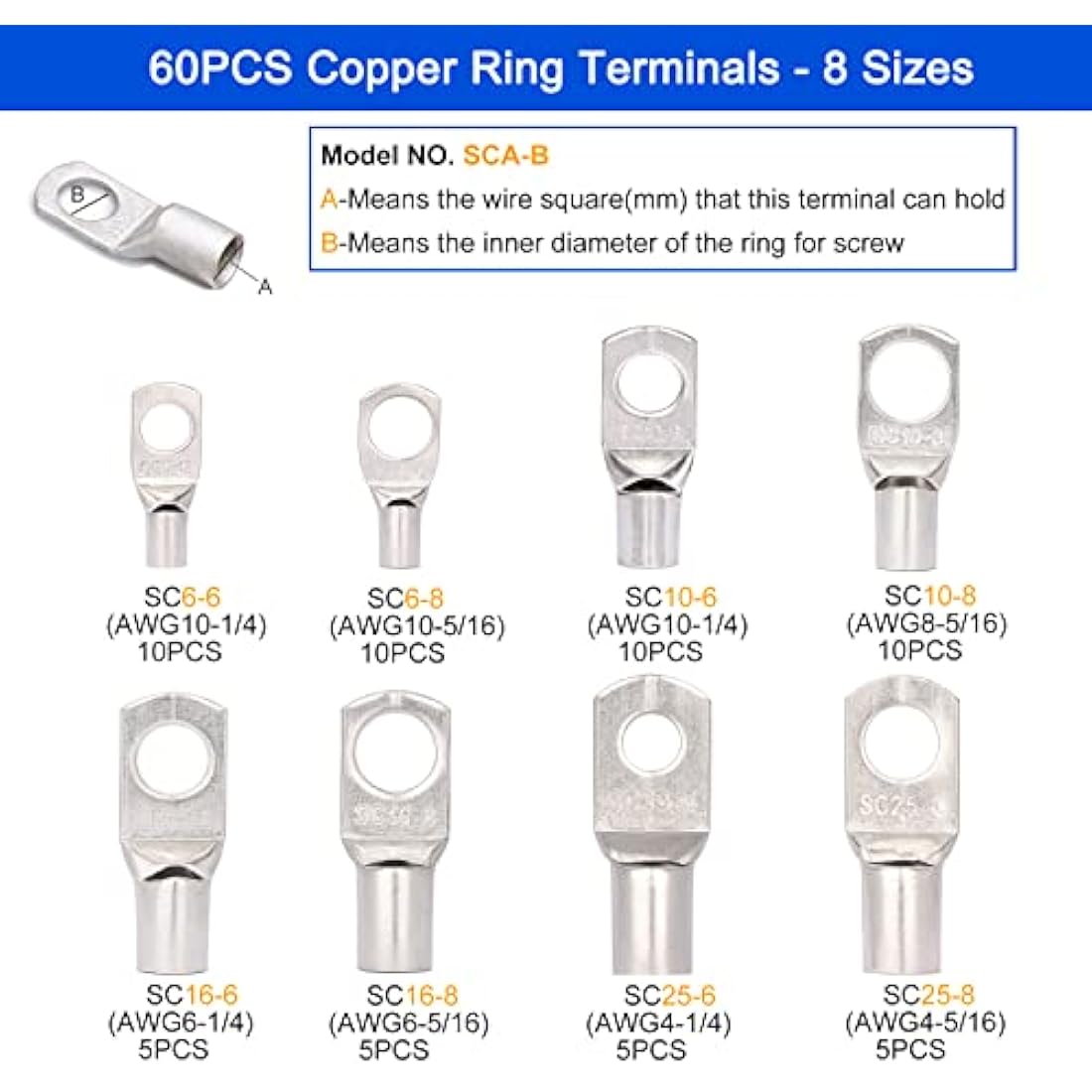 Brileine Battery Cable Crimping Tool Kit with 60PCS Copper Ring Terminals