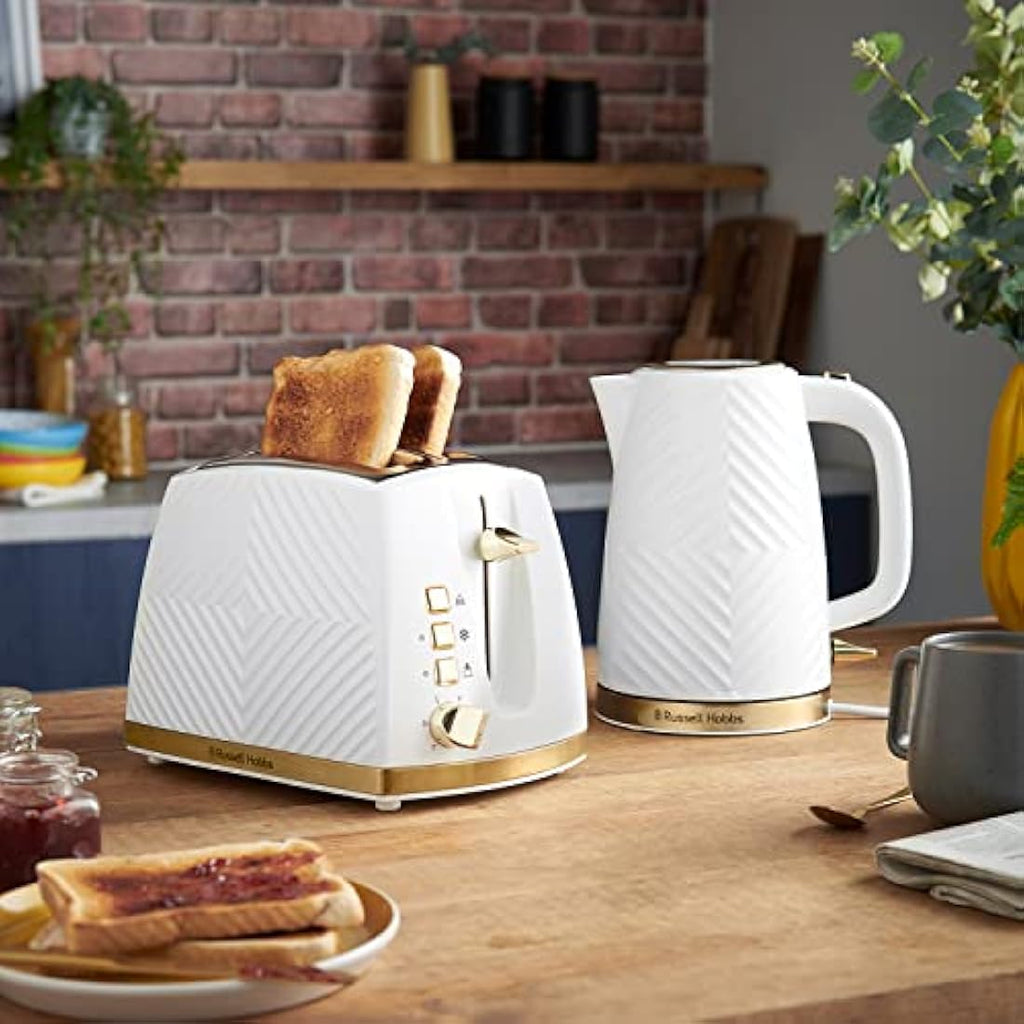 Russell Hobbs Groove 2-Slice Toaster | White with Gold Accents | 850W