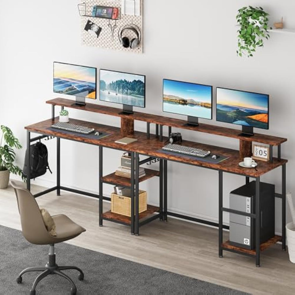 Dripex Computer Desk with Dual Monitor Stand & Shelves - Rustic Brown
