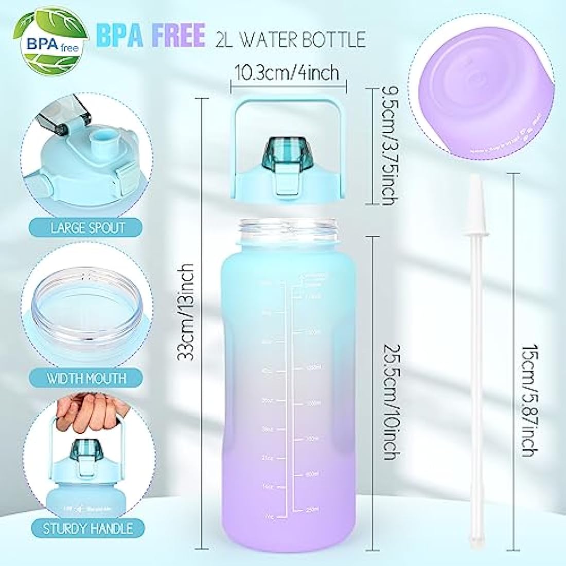 Jolof Store 2L Motivational Water Bottle | BPA Free Leakproof Sport Jug