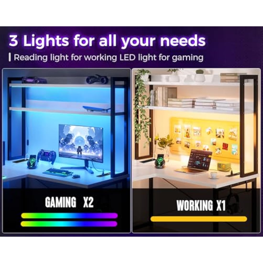 ODK L-Shaped Gaming Desk with LED Lights and Power Outlets - White