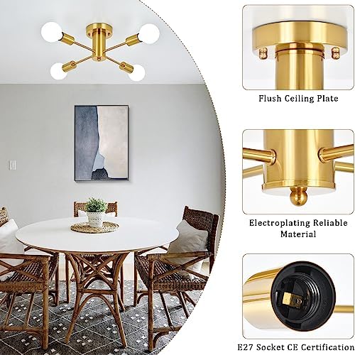 ASHUAQI Gold Sputnik Chandelier | 4-Light Modern Semi Flush Ceiling Light