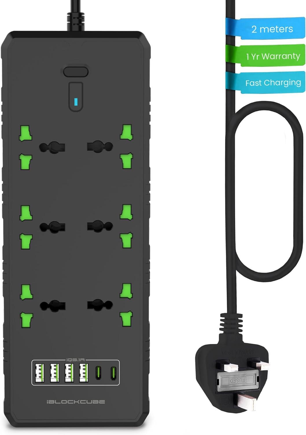 iBlockCube Universal Extension Lead | 6 Way Power Strip with USB-C