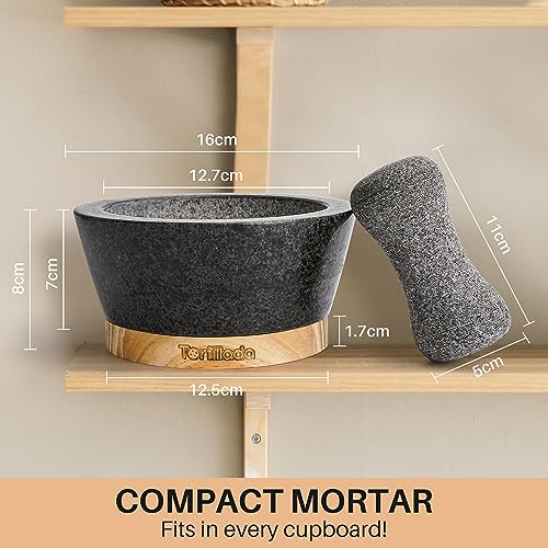 Tortillada Granite Mortar and Pestle Set – 16cm Spice Grinder with Wood Base