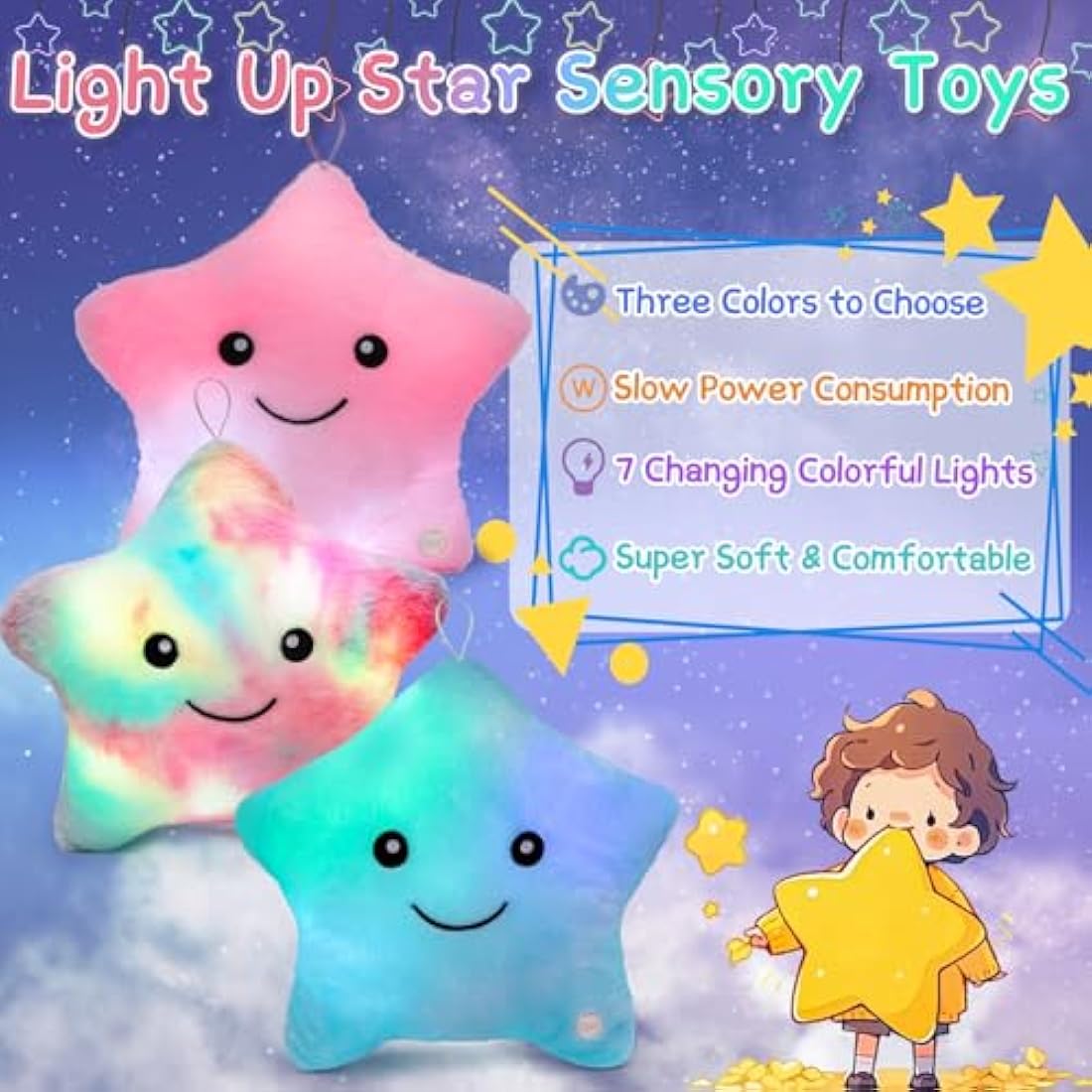 Jolof Store Light Up Star Sensory Toy | Autism Sleep Aid Plush Pillow