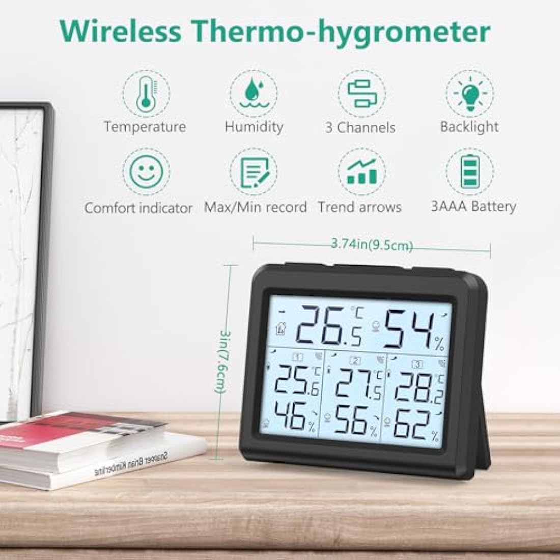 ORIA Wireless Digital Thermometer Hygrometer with 3 Remote Sensors