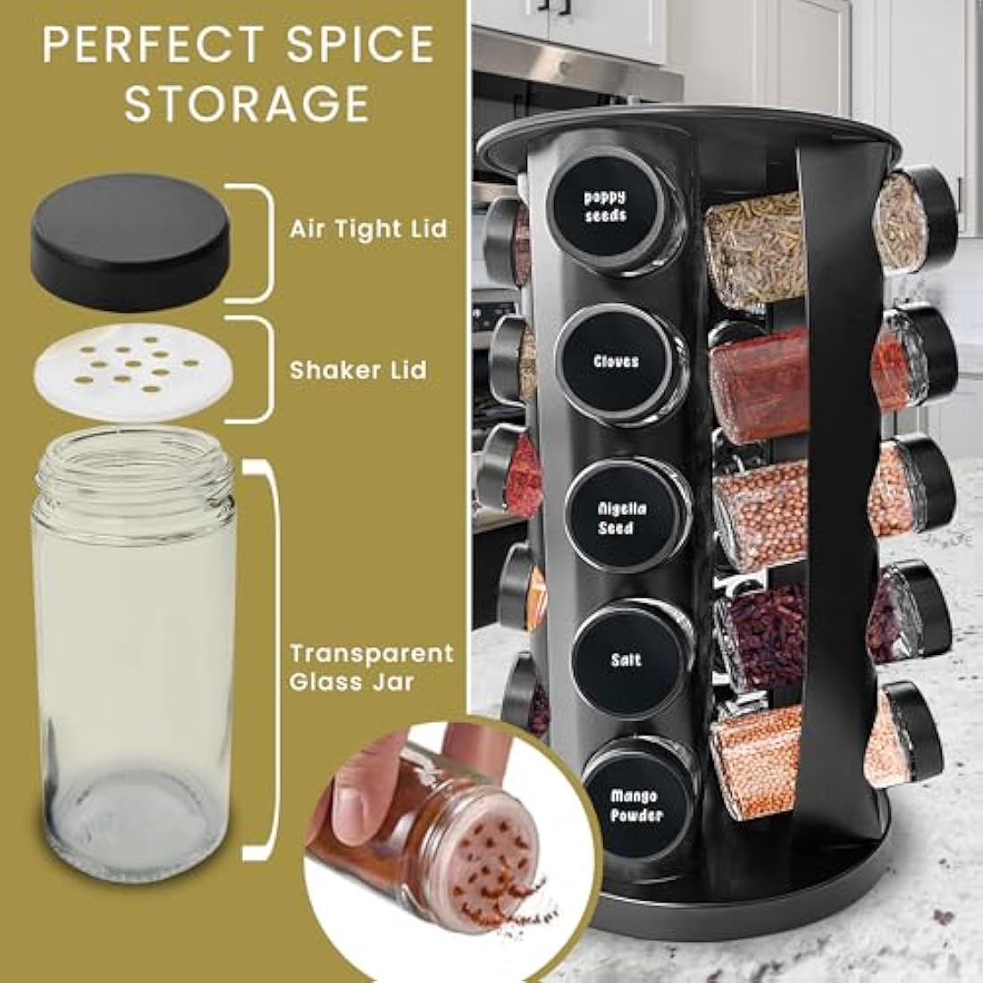 Rotating Spice Rack – 20 Glass Jars Stainless Steel Organizer