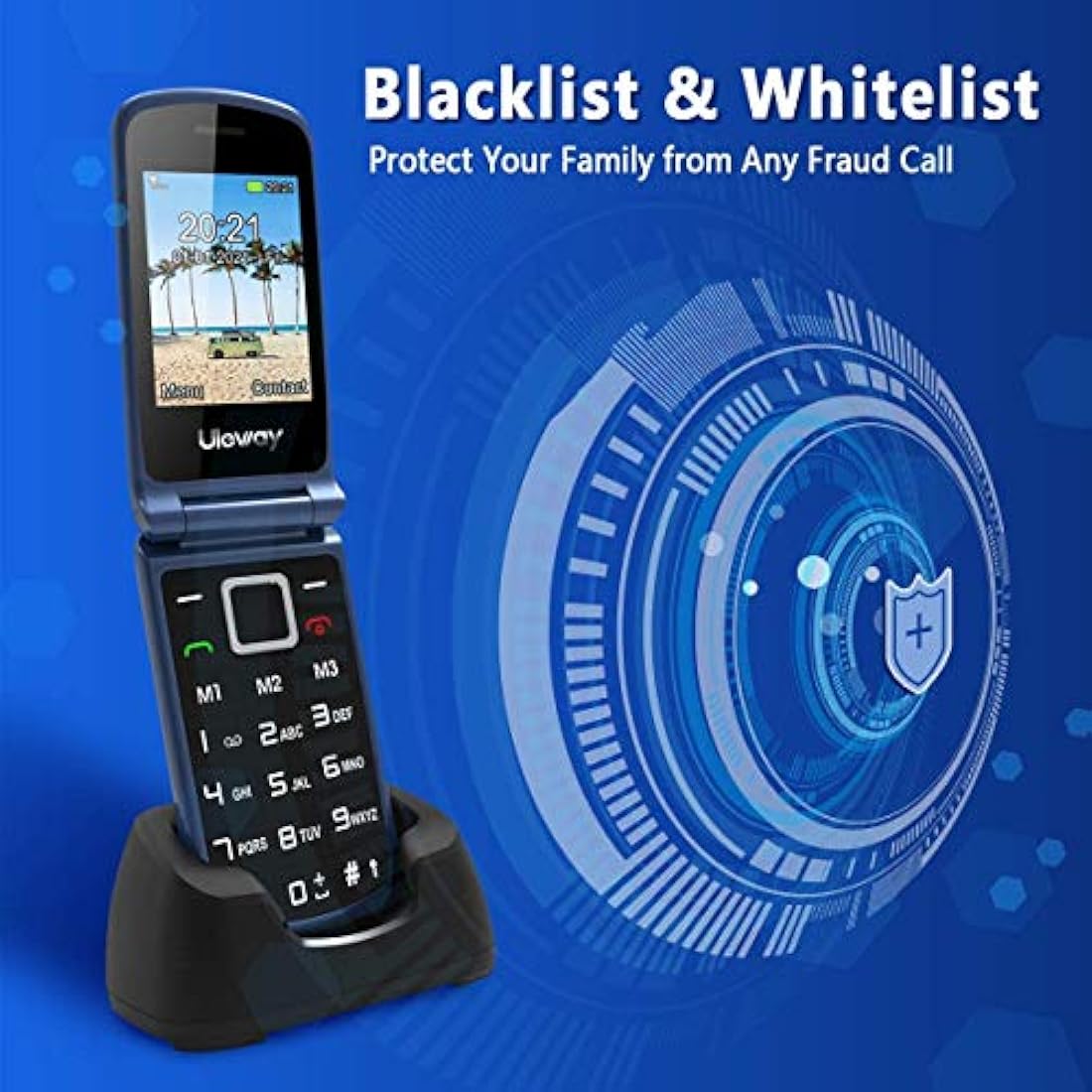 Uleway Senior Flip Phone – Big Button Unlocked Mobile with SOS & Dock (Blue)