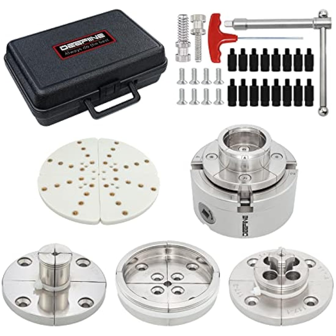 DEEFIINE 4 Inch Wood Lathe Chuck Set | 1" x 8 TPI Nickel Plated 5 Jaws
