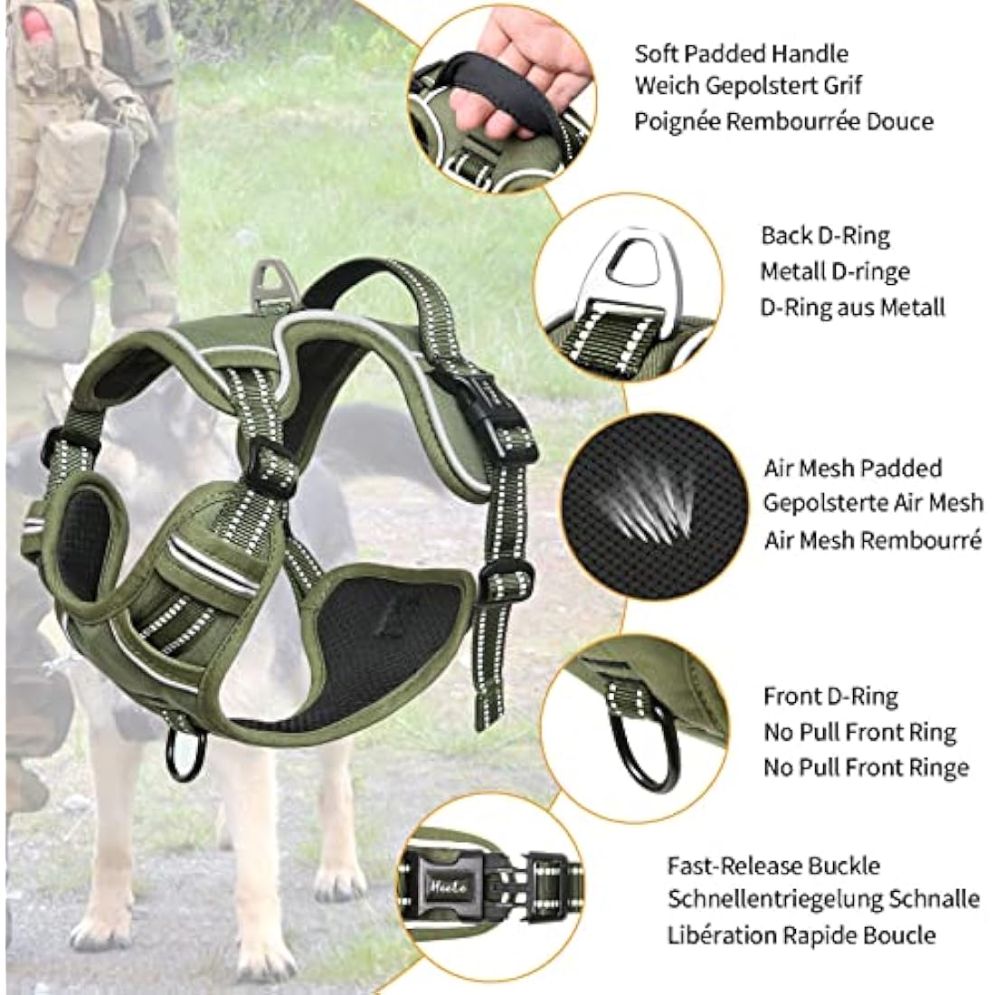 HEELE No-Pull Dog Harness | Reflective Padded Adjustable Vest - Green