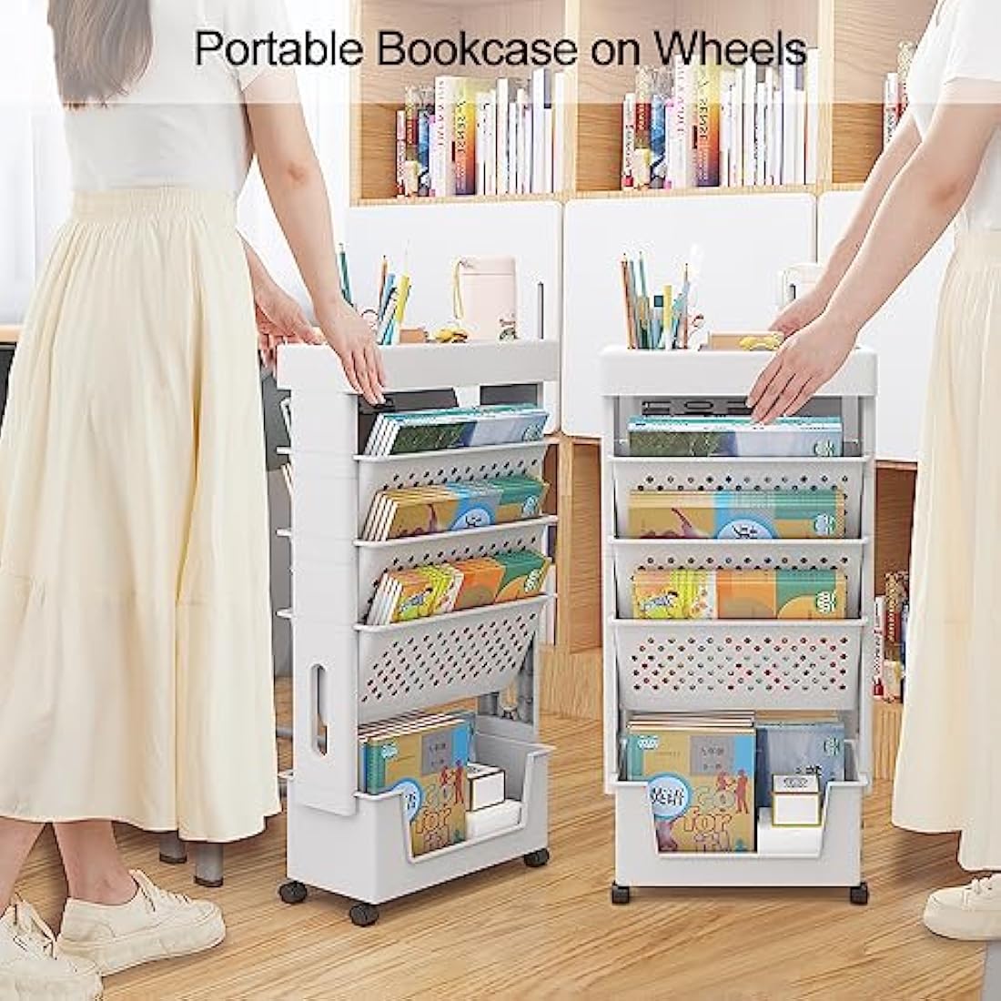 Jolof Store Mobile Bookshelf - Rolling Storage Cart with Wheels, White