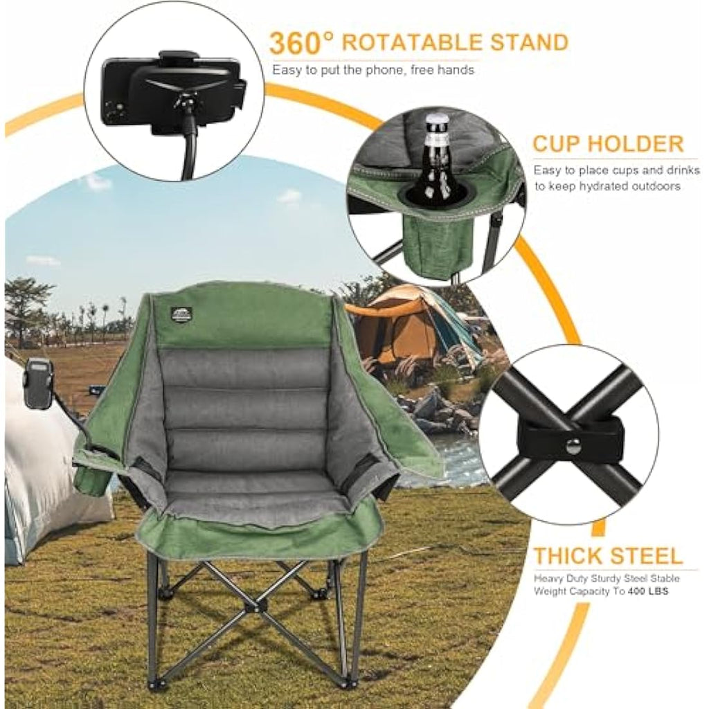 LANMOUNTAIN Oversized Folding Camping Chair - Heavy Duty 400lbs Padded Green