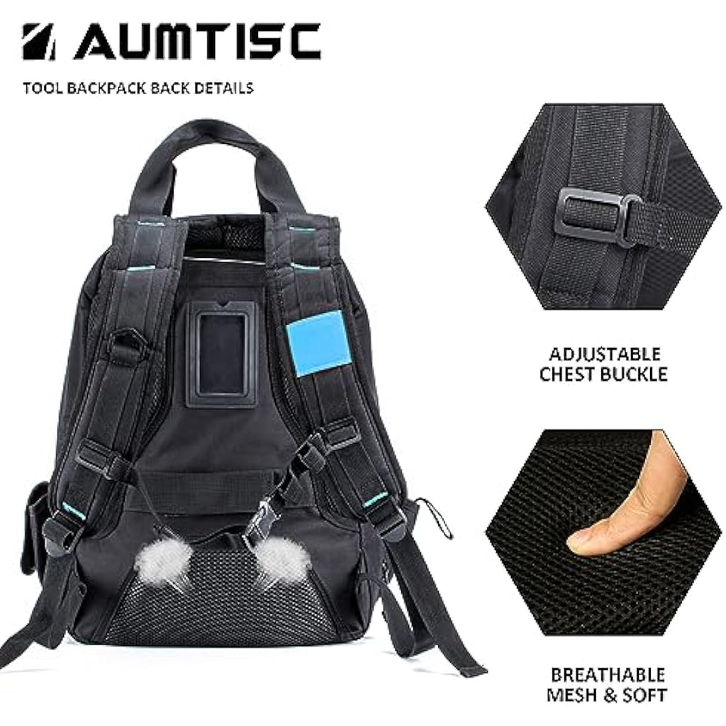 AUMTISC Electrician Tool Backpack | Heavy Duty 49-Pocket Work Bag - Blue