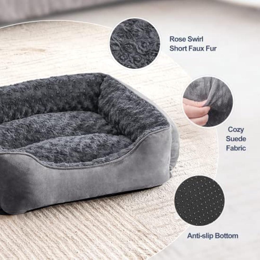 JOEJOY Calming Dog Bed – Washable Plush Anti-Anxiety Pet Mat, Grey