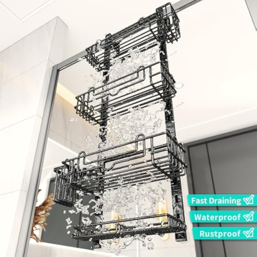 HapiRm 4-Tier Over Door Shower Caddy – Stainless Steel Organizer, Black