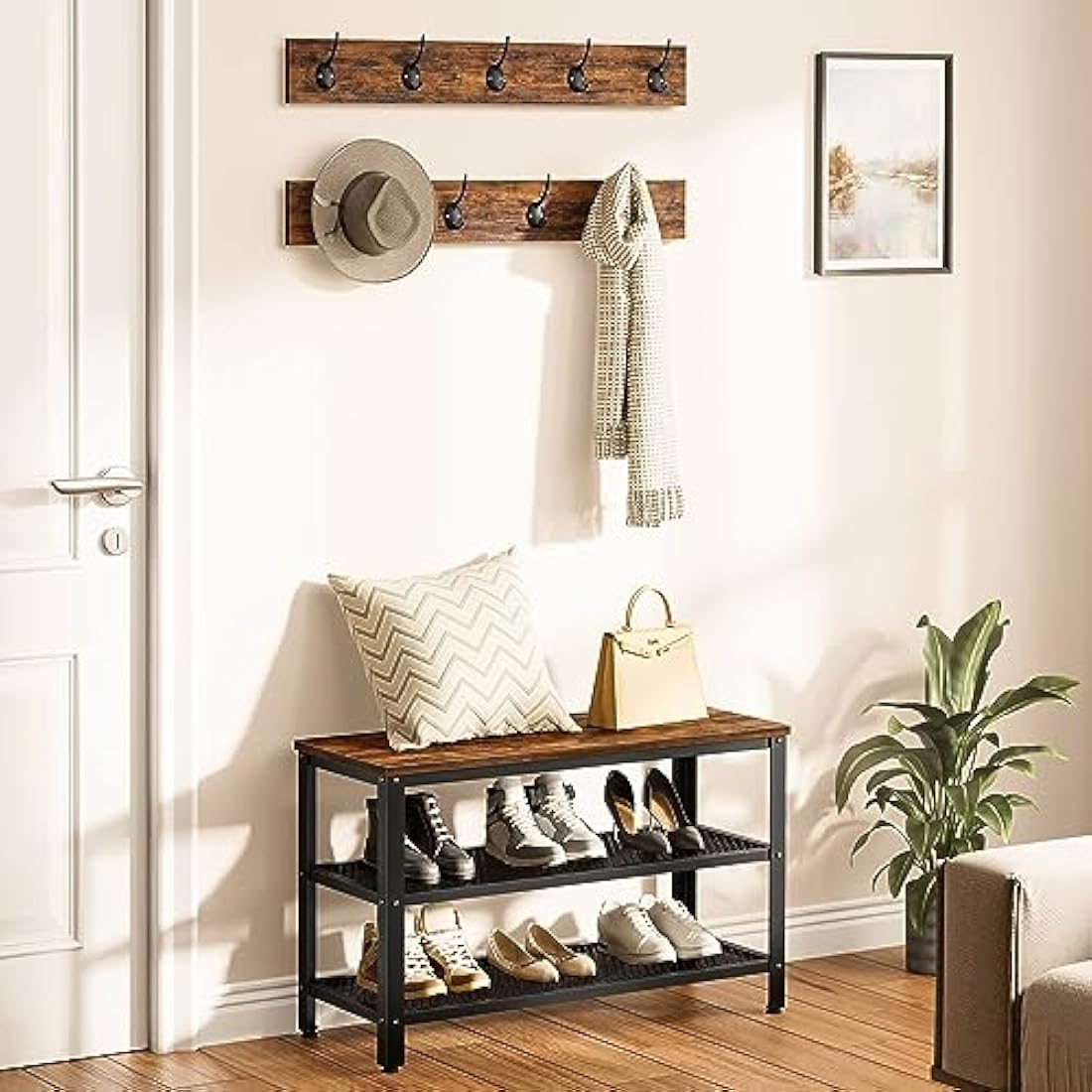 HOOBRO Industrial Hall Tree with Shoe Bench - Rustic Brown Coat Rack